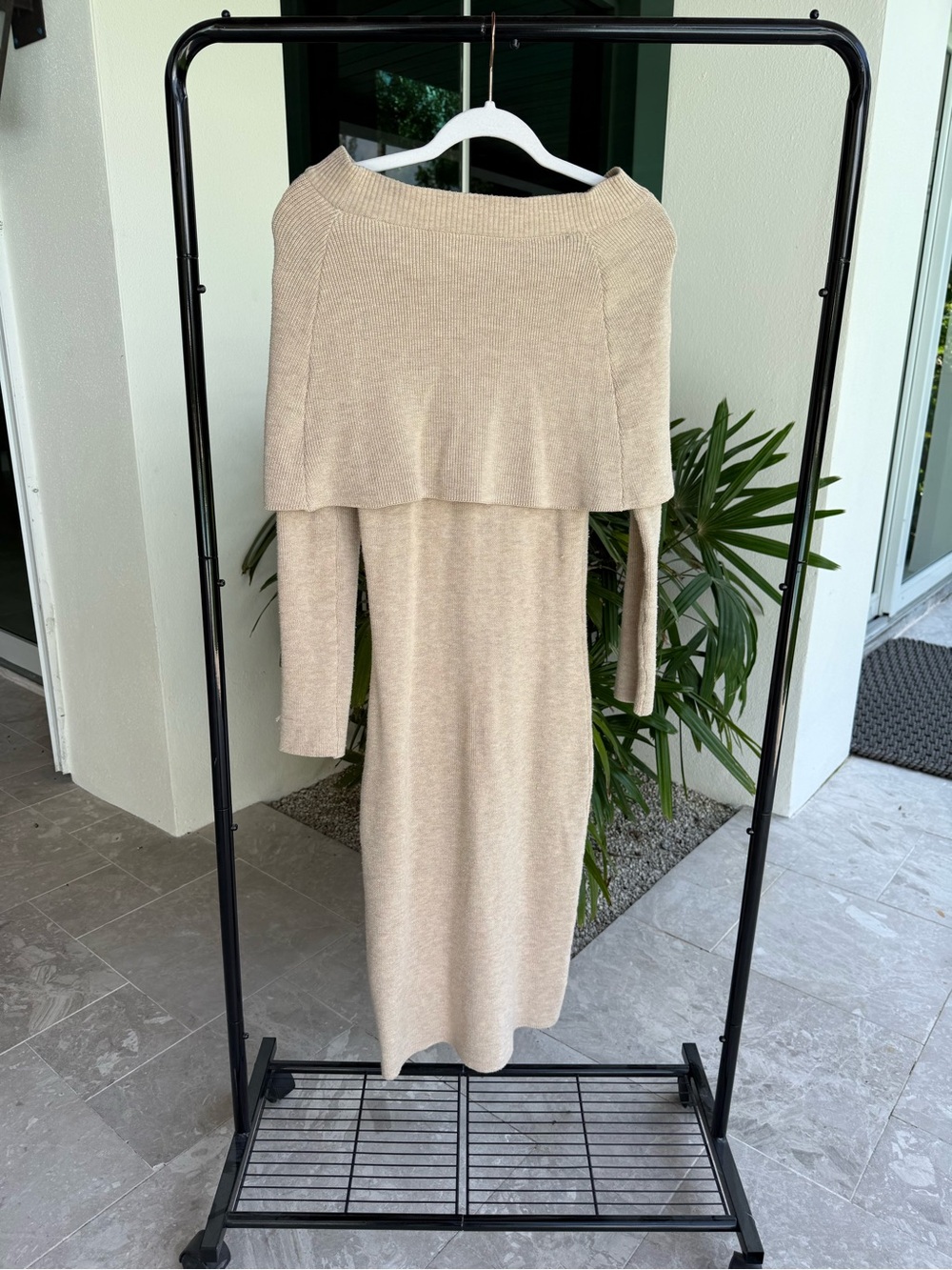 Elliatt Neutral Knit Off-Shoulder Midi Dress